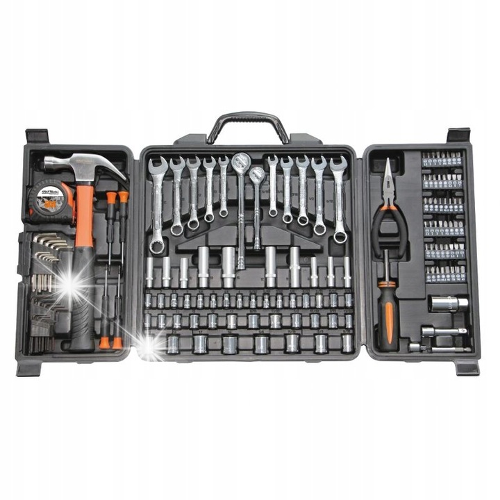 Set de scule Kraft&Dele KD10462, din otel CrV, in valiza organizatoare, chei, nasadki si surubelnite, negru/portocaliu, 140 piese