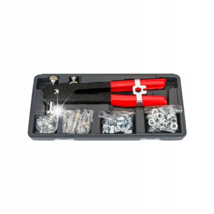 Rivet nut tool Kraft&Dele KD10555, interchangeable heads M3-M8, ergonomic rubber handles, red/black, 106 pcs