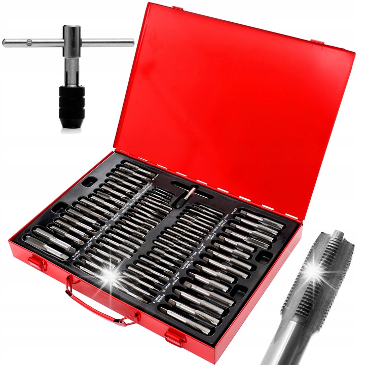 Set tarozi si filiere Kraft&Dele KD10250, din otel calit, cutie metalica organizata, pentru reparatii filete M2-M18, Rosu, 110 piese