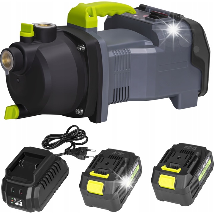 Градинска помпа Kraft&Dele KD5270, захранване с акумулатор 40V (2 x 20V), дебит 3500 л/ч, 2 x 6Ah акумулатора + зарядно устройство, сиво/зелено, 1 комплект
