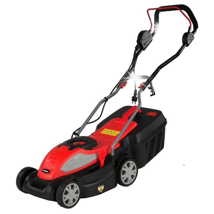 Lider KC1400A elektromos fűnyíró, 1400W motor, 34 cm vágási szélesség, 35 L kosár, 25-65 mm magasságállítás (5 fokozat), 20 m hosszabbító, Piros/fekete, 1 db