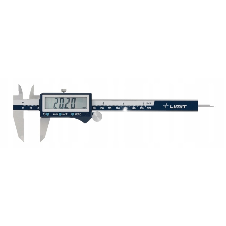 Digitális tolómérő Limit CDN 280470105, nagy 13 mm-es LCD kijelző, rozsdamentes acél, mm/inch mérés, pontosság ±0.03 mm, ezüst/kék, 150 mm
