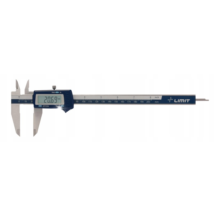 Digitális tolómérő Limit CDH 200 mm, rozsdamentes acélból, felbontás 0.01 mm, pontosság 0.03 mm, mm/inch kijelző, inox/kék