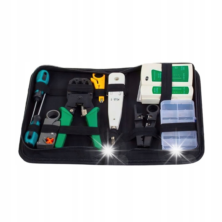 Set de scule retea Kraft&Dele KD10881, kit 9 in 1 cu tester cabluri LAN, cleste crimpaj RJ45 cu dezizolator si taietor, 10 conectori RJ45 transparenti, etui, negru, 1 set