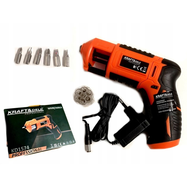 Surubelnita cu acumulator / bormasina Kraft&Dele KD1574, 3,6V, 1300mAh, 4 Nm, cu LED, set bity, portocaliu