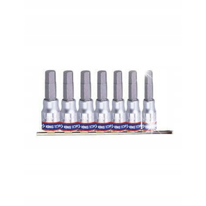 Set capete tubulare King Tony 1/4\", cu varf imbus S2, din otel Cr-V, pe sina metalica, H3,4,5,6,7,8,10 mm, Argintiu, 7 piese