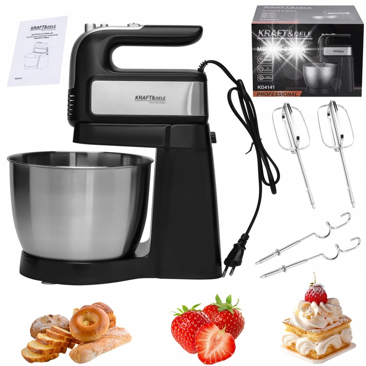 Kraft&Dele KD4141 konyhai robotgép, 1000W, 4.5L, rozsdamentes acél, 5 sebességfokozat, tartozékok