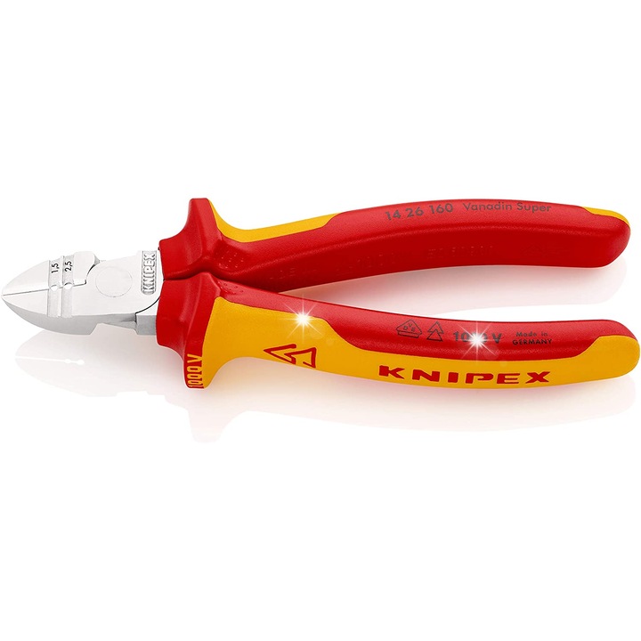 Knipex 14 26 160 oldalcsípőfogó, edzett vanádiumacélból, VDE 1000 V szigetelt, piros/sárga, 160 mm