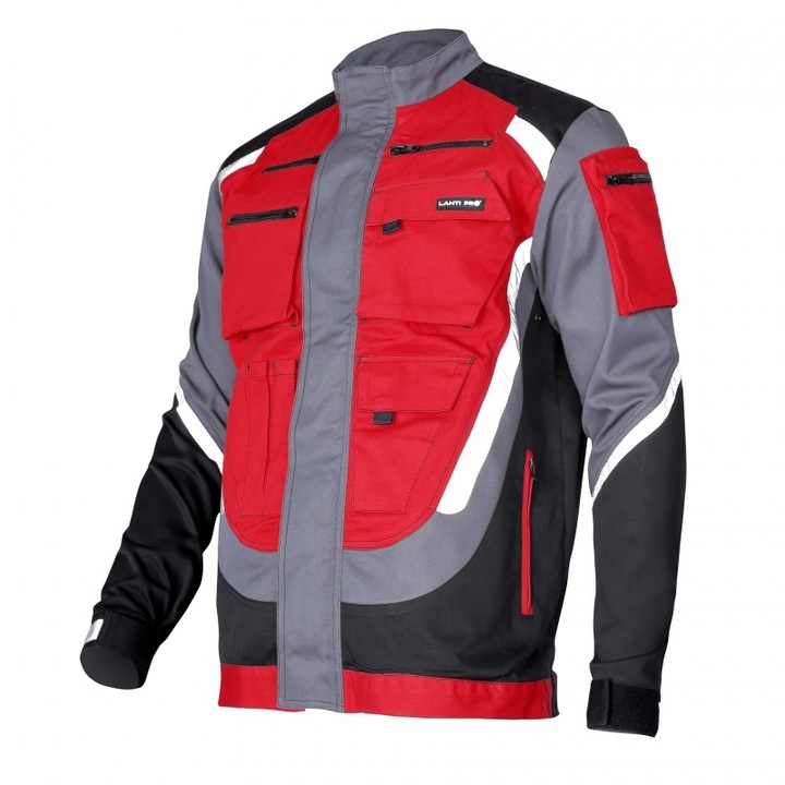 Bluza de lucru Lahti Pro, cu 9 buzunare, negru-gri-rosu, material 100% bumbac, benzi reflectorizante, S