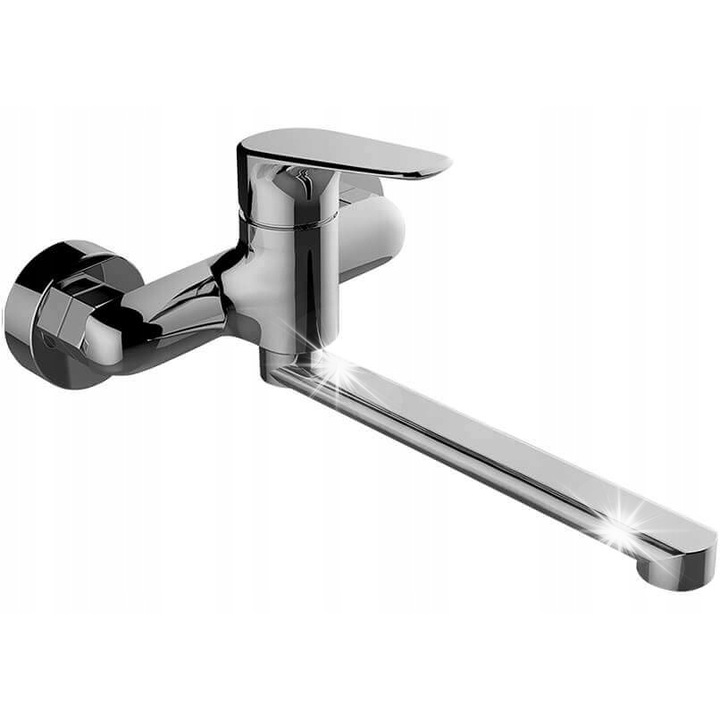 Кухненски смесител/кран Laveo Rondo BLX 080D, стенен монтаж, едноръкохватков с подвижен чучур, керамичен патрон 35 мм, хром, дължина на чучура 330 мм