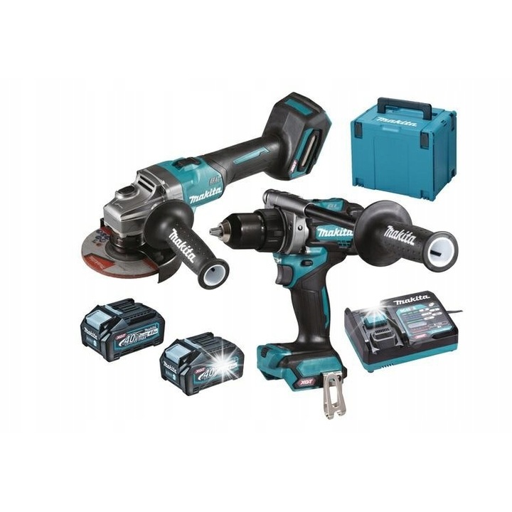 Set scule Makita DK0124G201, 40V XGT, masina de gaurit cu percutie DF001G 2 viteze, slefuitor unghiular GA005G 125 mm, 2 x BL4040 4,0Ah, incarcator DC40RA, valiza MAKPAC tip 4, turcoaz/negru, 1 set
