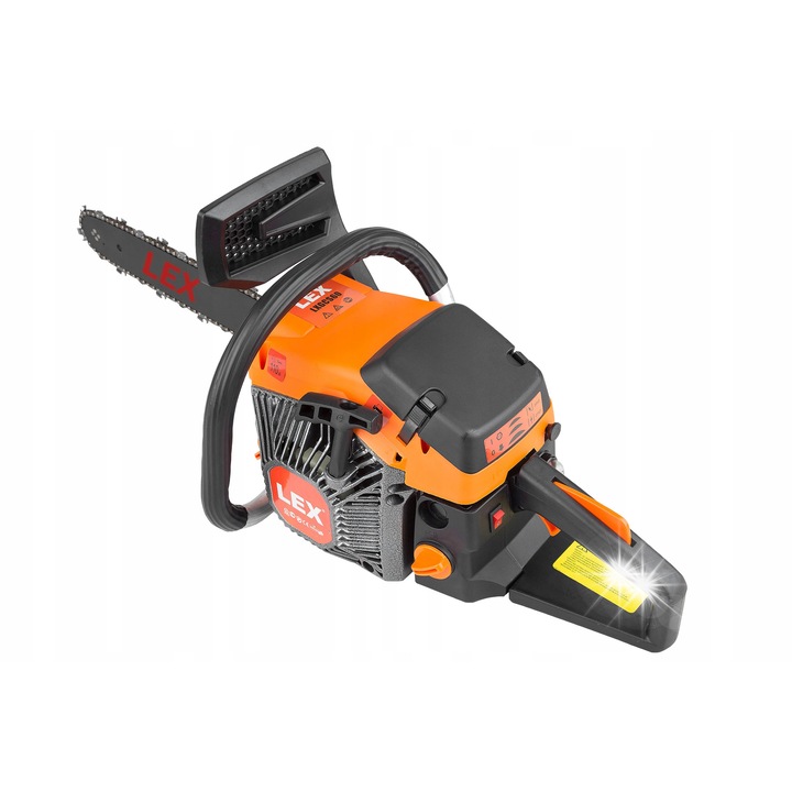 Láncfűrész Lex LXGCS50, 6KM motor, 52 cm³, láncosztás 0,325, 2 vezetőlemez 400/450 mm, 2 lánc 15''/18'', narancssárga/fekete