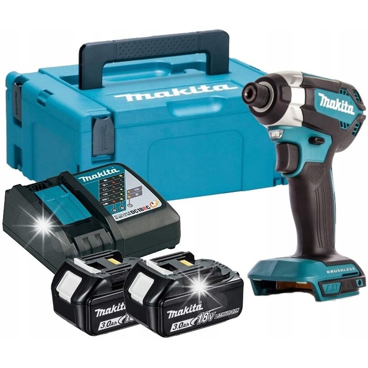 Surubelnita cu impact Makita DTD153RFJ, 18 V, 170 Nm, motor brushless, XPT rezistent la praf si umezeala, 2x 3,0 Ah, turcoaz, set