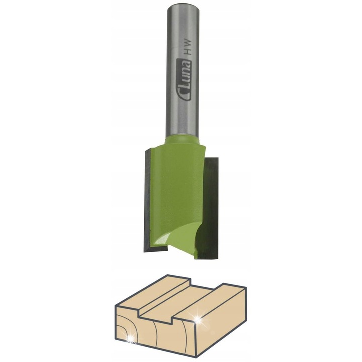 Freza pentru caneluri / freza palc Luna 20999-3708, dublu-tais din carbura sinterizata, fara tais frontal, verde, O22 mm, L tais 25 mm, L total 63 mm, diam. coada 8 mm
