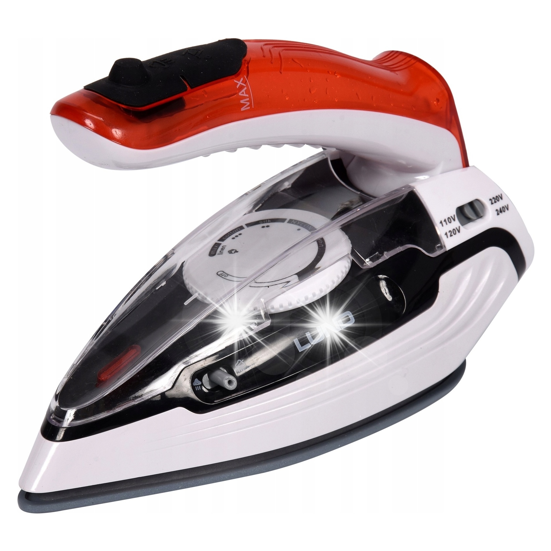 Fier de calcat turistic/de calatorie Lund 1100W, maner pliabil, talpa ceramica, alb/rosu, rezervor 80ml