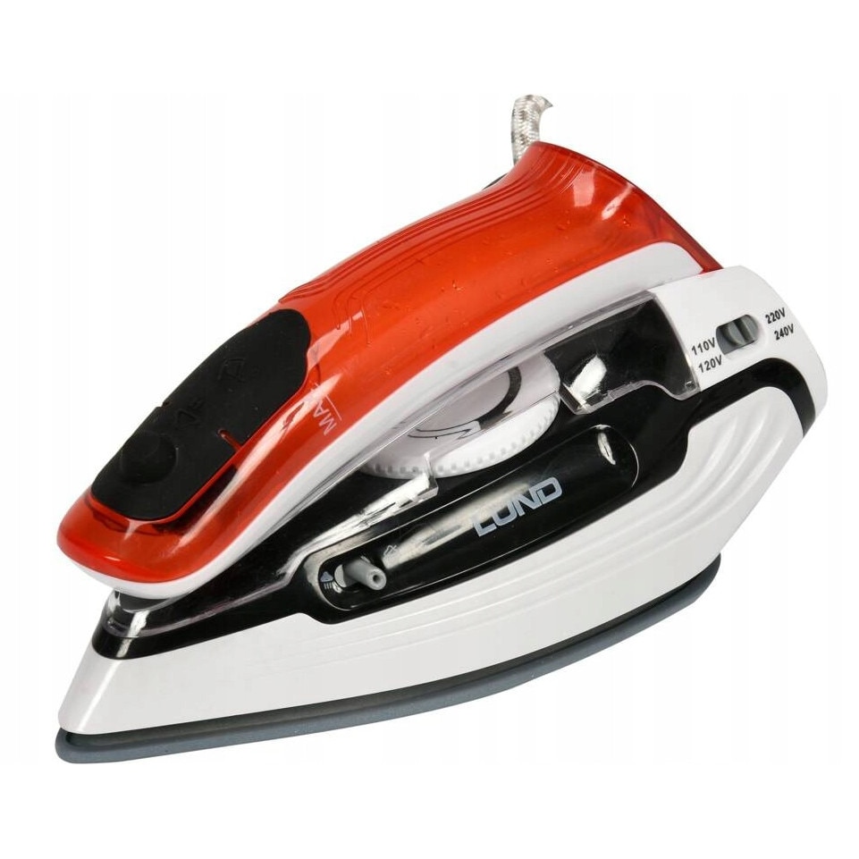 Fier de calcat turistic/de calatorie Lund 1100W, maner pliabil, talpa ceramica, alb/rosu, rezervor 80ml