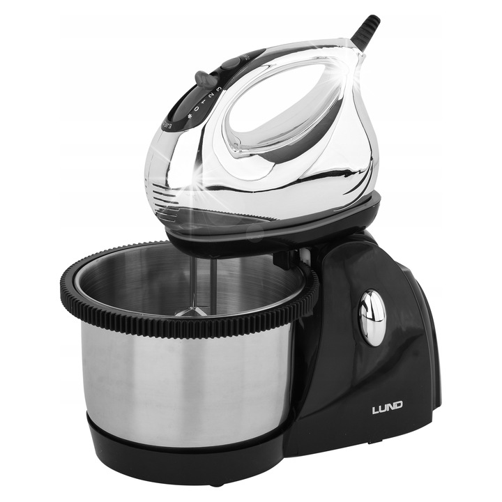 Lund 200W mixer/konyhai robotgép, 3L rozsdamentes acél tál, automata forgatás, 3 sebesség turbó funkcióval, fekete/inox