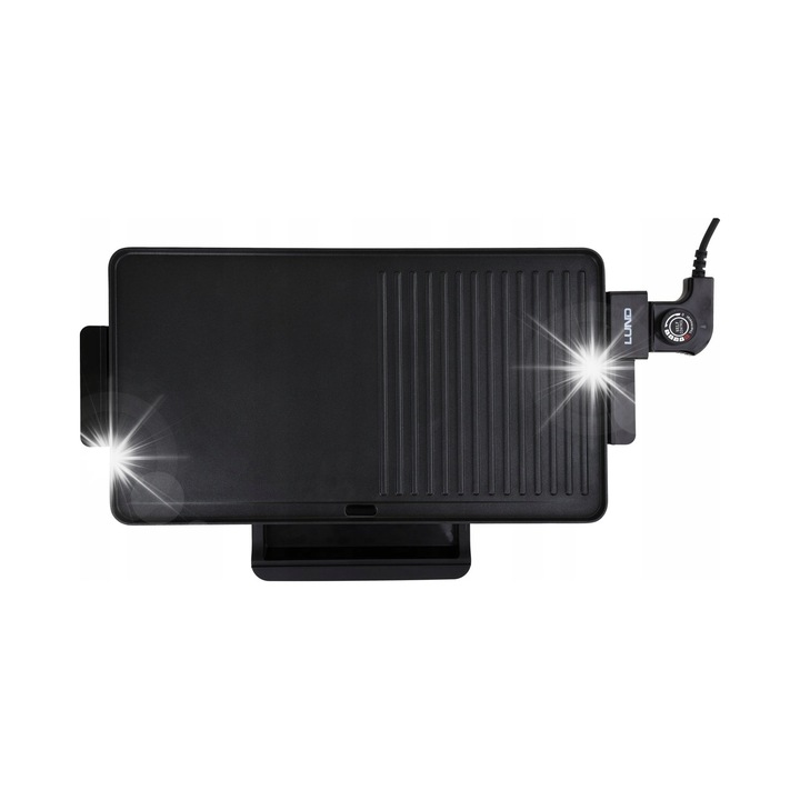 Lund elektromos grill, 2000W, dupla sima és bordázott lap, hőmérséklet-szabályozás, fekete, 49x27 cm