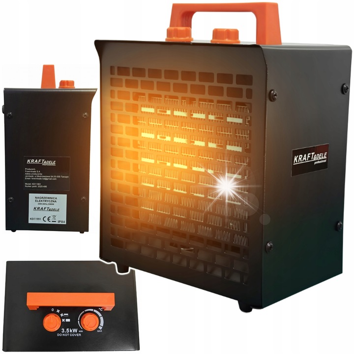 Elektromos hőlégfúvó / elektromos fűtőtest Kraft&Dele KD11991, 3500 W, fokozatmentes szabályozás 30/1750/3500 W, termosztáttal és túlmelegedés elleni védelemmel, fekete/narancssárga, 1 db
