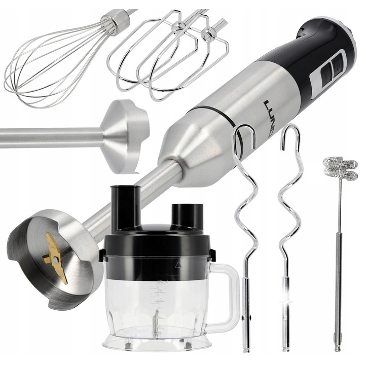 Lund 10 az 1-ben multifunkcionális kézi turmixgép, kézi mixer, 1000W motor, Turbo mód, tartozékkészlet (habverő, lapátok, 1.5L tál), rozsdamentes acél/fekete