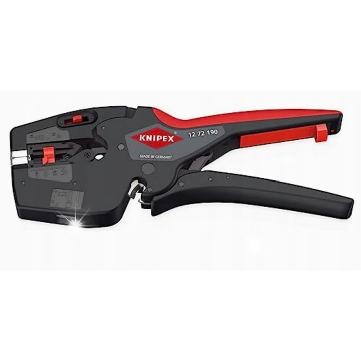 Cleste sertizare 3 in 1 Knipex 12 72 190, auto-reglabil pentru dezizolare, pentru tulete 0,25–4 mm² (2 x 2,5 mm²), taiere pana la 10 mm², negru/rosu, 190 mm