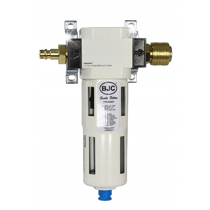 Filtru separator aer/uscator Mar-Pol BJC M80647, filtrare 5 µm, presiune max. 16 bar, debit 1200 l/min, racord 1/2", Alb