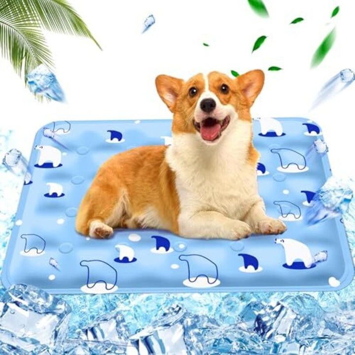 Saltea racoroasa pentru caini si pisici / perna racoritoare, Light Blue Polar Bear, cu gel polimer activat cu apa, auto-racoritoare si rezistenta la zgarieturi, albastru deschis cu imprimeu urs polar, 50x60 cm, L