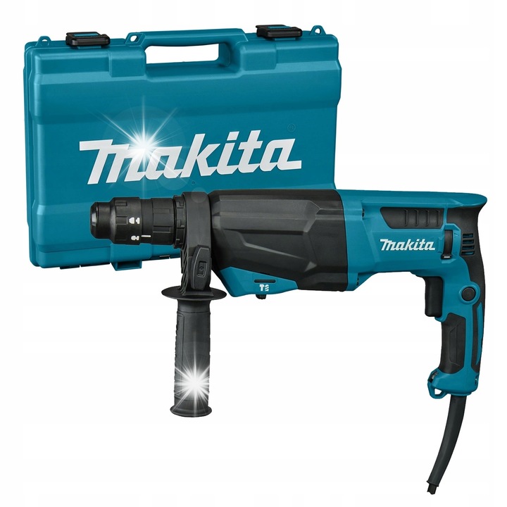 Rotopercutor Makita HR2670FT 800W, energie impact 3,0J, 3 moduri (gaurire/gaurire cu percutie/daltuire), SDS-PLUS, valiza si maner lateral, albastru