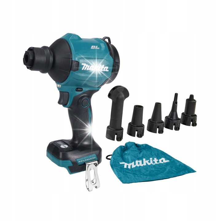 Suflanta cu acumulator Makita DAS180Z, 18V LXT, motor brushless fara perii, 4 trepte putere si reglaj viteza cu tragaci, blocaj pentru functionare continua, include duze, turcoaz/negru