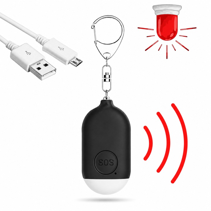 Alarma personala de siguranta ARPRODS, sunet extrem de puternic 130dB, lanterna LED, baterie reincarcabila, pin de activare, buton alarma S.O.S., portabila, pentru chei, geanta sau ghiozdan, negru