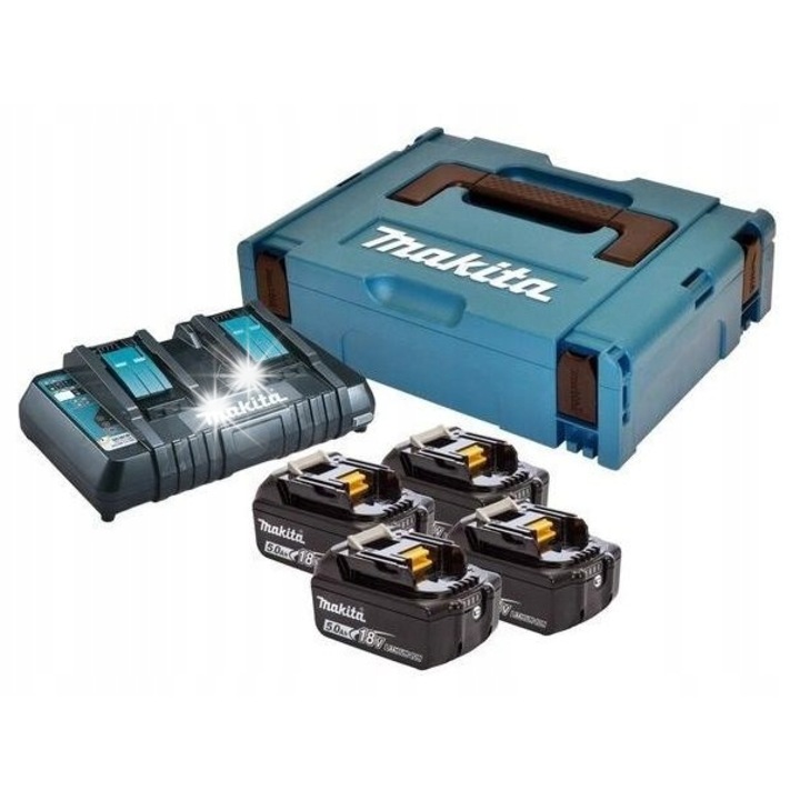 Set alimentare Makita 197626-8 BL1850B, acumulatori Li-ion 18V 5.0Ah, incarcator dual DC18RD/DC18RC cu port USB si ventilatie activa, cutie Makpac 3, Albastru, 4 x 5.0Ah