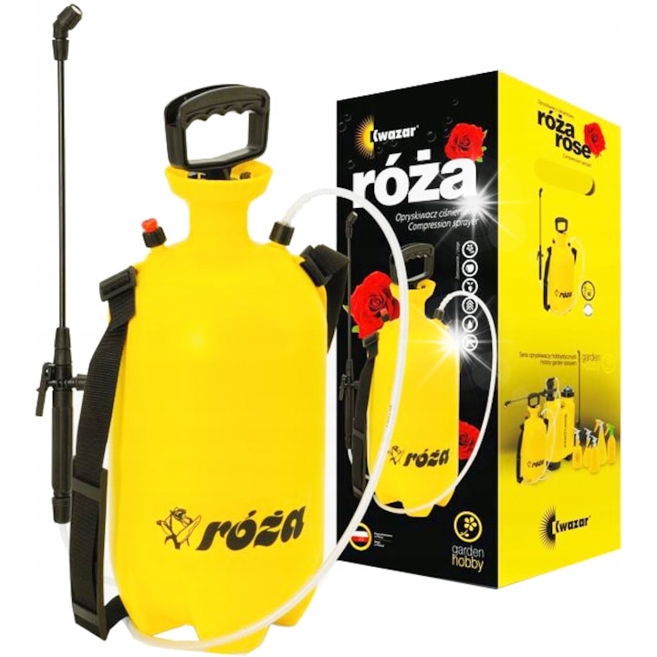 Pulverizator de presiune / stropitor Kwazar Roza, cu pompa manuala, rezistent la chimicale, lanca 0,5 m, galben, 6 l