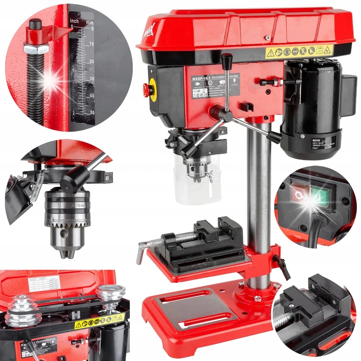 MAX LXDP16 asztali fúrógép 1600W, 5 sebesség (500-2500 ford./perc), 3-16 mm tokmány, satuval, dönthető asztal 0-40°, 230V tápellátás, Piros/Fekete