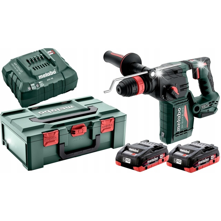 Ciocan rotopercutor cu acumulator Metabo KH 18 LTX BL 24 Q, brushless, SDS-plus, energie 2.2 J, 2 x 4 Ah LiHD 18 V, cu incarcator ASC 55 si metaBOX, verde