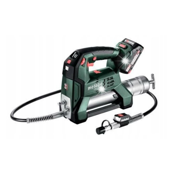 Помпа за гресиране Metabo FP 18 LTX, акумулаторна 18 V Li-Power, 2x 2,0 Ah, максимално налягане 690 bar, маркуч 1.200 mm, зарядно устройство SC 30, metaBOX 165, зелен/метал, комплект
