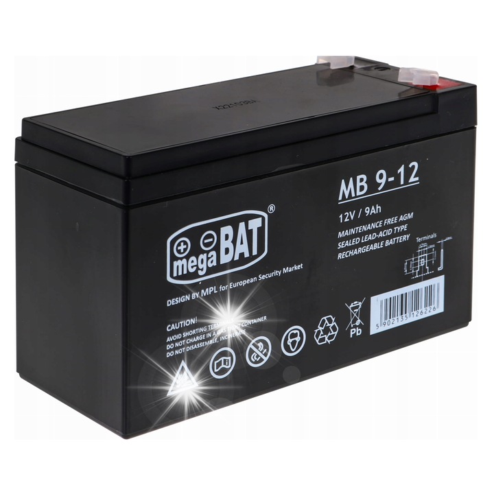 Акумулатор гел/батерия 12V 9Ah MPL MB, без поддръжка AGM, запечатан, за UPS и аларми, Черен, 151 x 65 x 101 mm