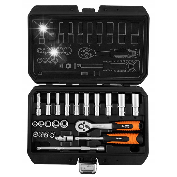 Set chei tubulare 1/4\" NEO TOOLS 10-231, din otel CrV, cu racheta 72 dinti, nasade scurte si lungi 4-13 mm, prelungitoare 50/150 mm, satinat, 23 piese