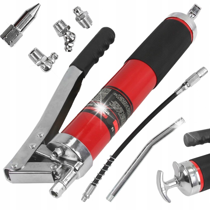 Pompa de ungere manuala Mar-Pol M78044, cu 2 furtunuri (flexibil si rigid) si 4 capete, maneta cu maner antiderapant, rosu/negru, 600 ml