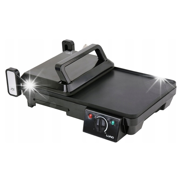 Grill electric de masa Lund GRH 67455, 2-in-1 placi plate si striate, 2000W, reglare temperatura, Negru, 40,5 x 25 cm