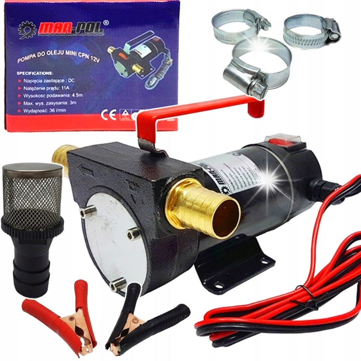 Mar-Pol M79926C átfejtő / lefejtő szivattyú, önfelszívó, 12V 160W, 50 L/perc, dízelhez és olajokhoz, kábellel és akkumulátorcsipeszekkel, fekete, 1 db