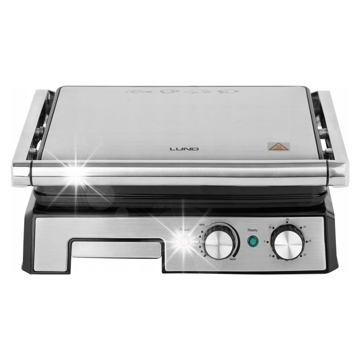 Grill electric Lund, 2000W, timer 30 min, placi reglabile antiaderente, deschidere 180°, negru/inox