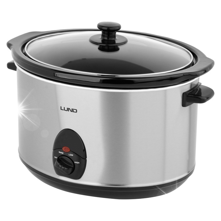Lund 67661 lassúfőző, kivehető kerámia edény, rozsdamentes acél ház, 320W, 3 fokozat (alacsony/magas/melegen tartó), fekete/inox, 5,6 L