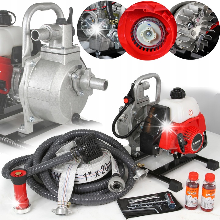 Mar-Pol benzines motopumpa, 1'' szennyvízszivattyú, 43 cm3 motor, 2 ütemű, 7000 l/h áramlási sebesség, 25 m emelési magasság, piros/ezüst, 1 db