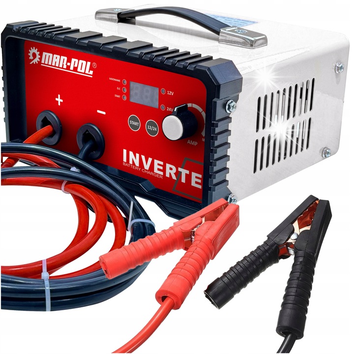 Incarcator redresor auto Mar-Pol MP-200, inverter cu functie pornire 200A, 12V/24V, reglaj curent 5-30A, pentru acumulatori 50-300Ah, Rosu, 1 buc