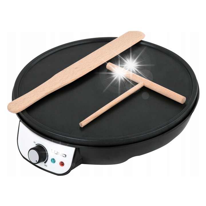 Lund 67470 Palacsintasütő, elektromos serpenyő tapadásmentes főzőlappal O30 cm, 1000W, hőmérséklet-szabályozás és termosztát, spatulát és lapátot tartalmaz, fekete/fehér