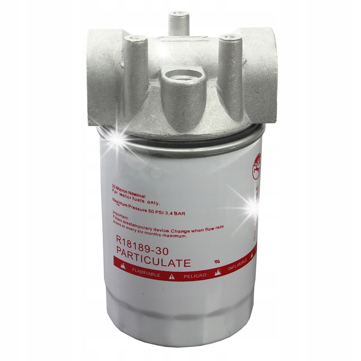 Mar-Pol M79942 üzemanyagszűrő, 30 mikronos szűrés, 60 l/perc áramlási sebesség, 2 db 25 mm-es sárgaréz csatlakozóval, Fehér