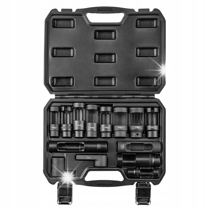 Set capete tubulare NEO TOOLS 11-880 pentru sonda lambda si injectoare, 1/2 si 3/8, capete 78-150 mm, Negru, 14 piese