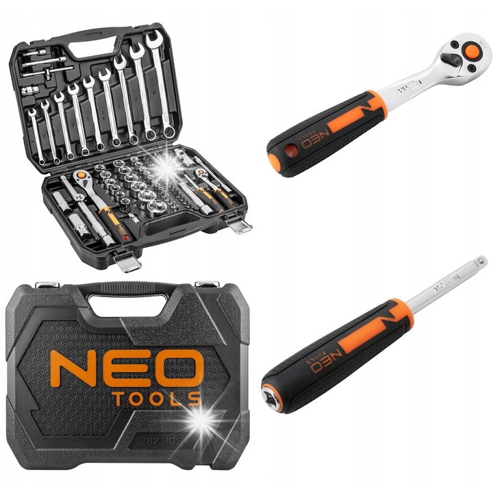 Set chei tubulara NEO Tools ECO, 1/2" si 1/4", din otel crom-vanadiu, chei cu clichet 72 dinti, hexagonale 4-32 mm, negru/portocaliu, 82 buc