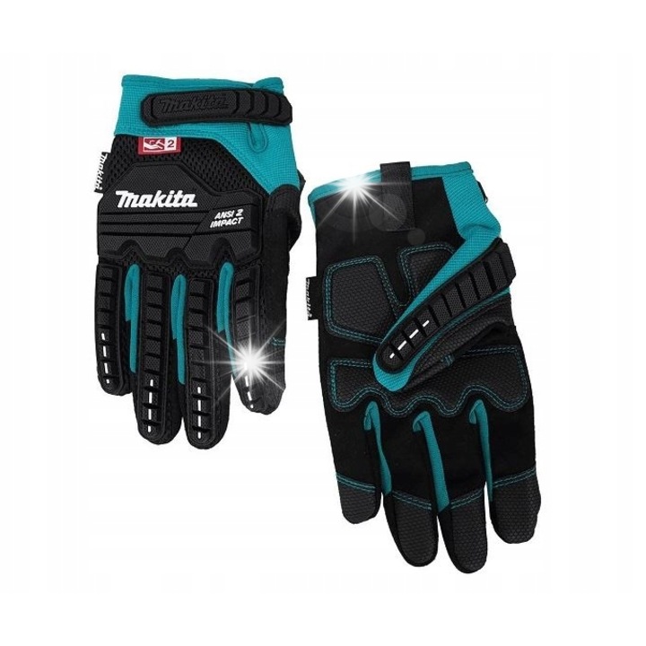 Manusi de protectie Makita IMPACT P-84464, cu insertii din piele si cusaturi intarite, compatibile cu ecran tactil, negru-turcoaz, M, 1 set (2 buc)