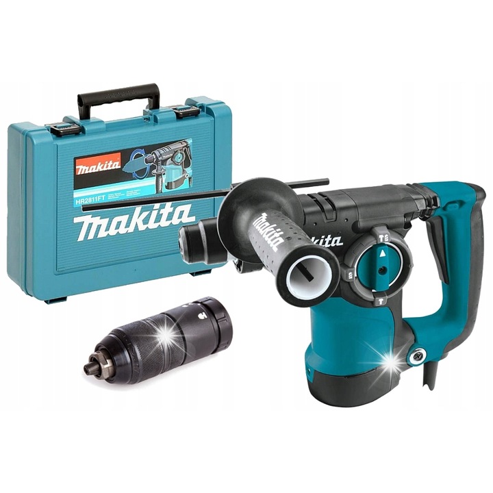 Rotopercutor/ciocan Makita HR2811FT SDS-PLUS, 800 W, energie percutie 2,9 J, 3 moduri (gaurire cu percutie / fara percutie / daltuire), schimbare rapida mandrina cilindrica, cuplaj de protectie, LED, Albastru/Negru, 3,6 kg